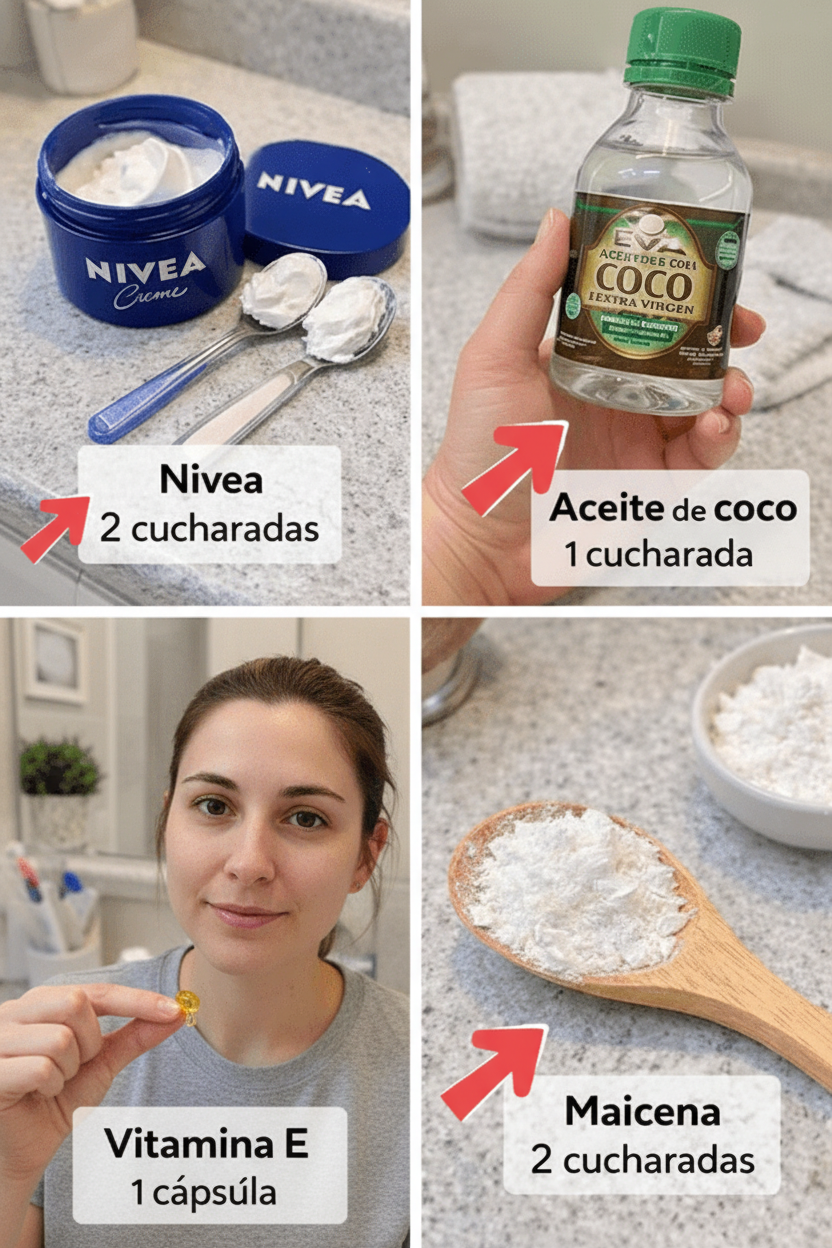 La receta que muestras es una mezcla casera muy popular en redes para el cuidado de la piel, combinando crema Nivea, aceite de coco virgen, vitamina E y maicena (almidón de maíz). Esta preparación se usa comúnmente como una crema hidratante nutritiva o mascarilla casera para dejar la piel más suave y con una textura agradable.