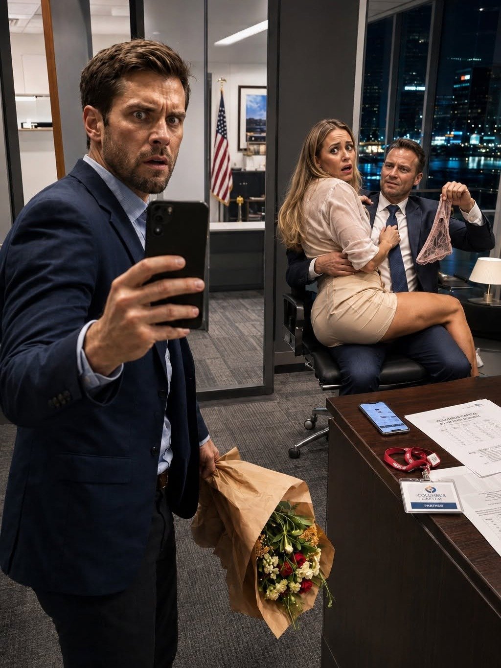I Brought Flowers To My Wife's Late Night At Work. What I Saw When I Opened Her Office Door Was Unthinkable – And The Photo I Took Next Morning Blew Up Everything.